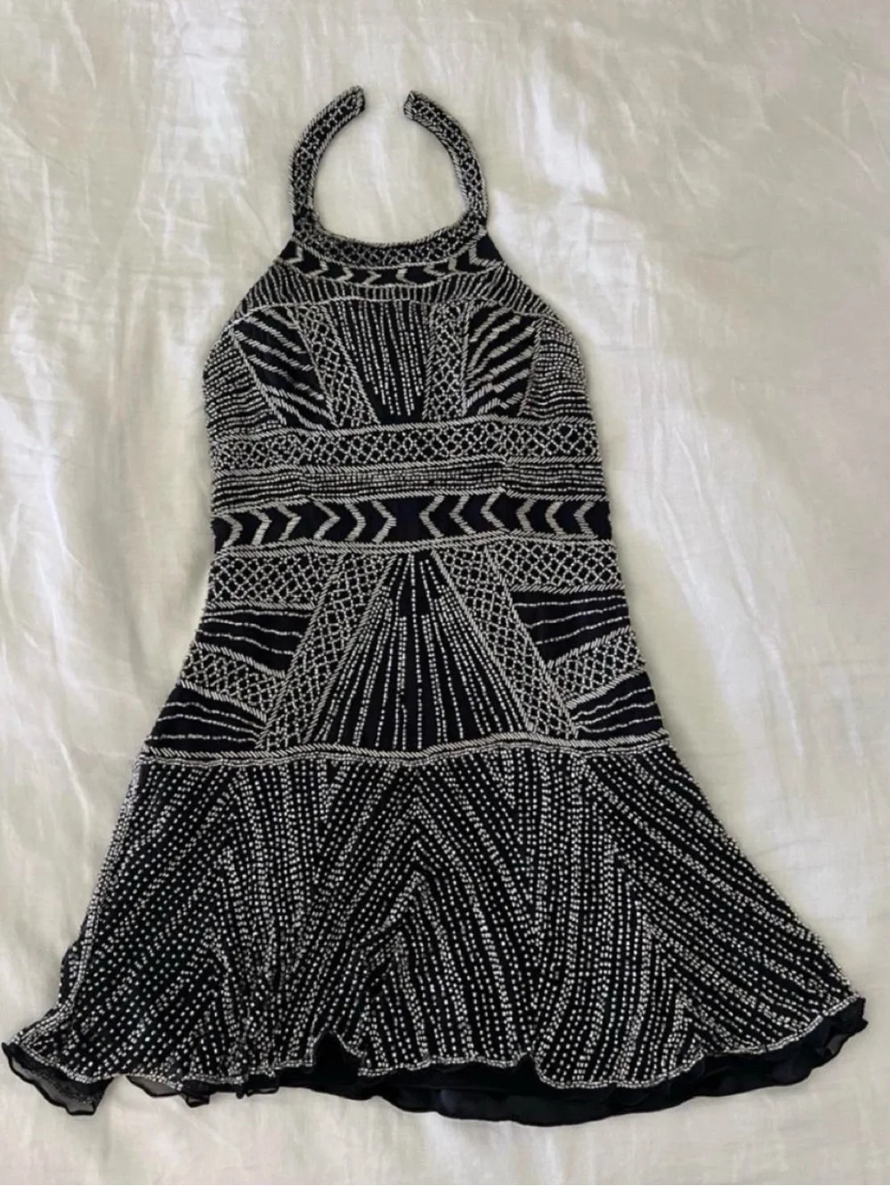 Parker Black Halter Beaded Mini Dress with Silver Accents